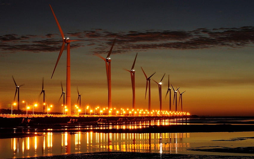 Turbina eólica completa e fundos, energia eólica papel de parede HD