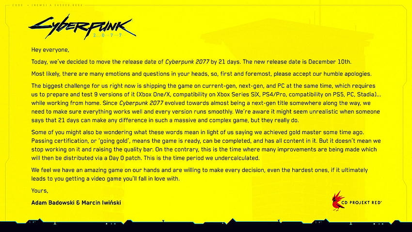 Cyberpunk 2077 Delayed Again, Sets New December Release Date HD wallpaper