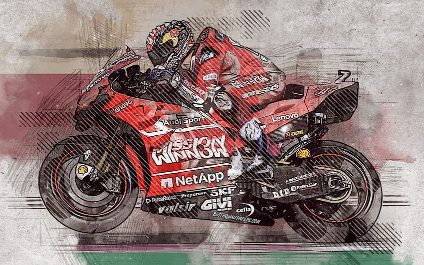 Andrea Dovizioso, 2019, pilote de moto italien, MotoGP, Ducati MotoGP Team, Ducati Desmosedici GP19, art grunge, art créatif, Mission Winnow Ducati, course avec résolution 2560x1600. Haute qualité Fond d'écran HD