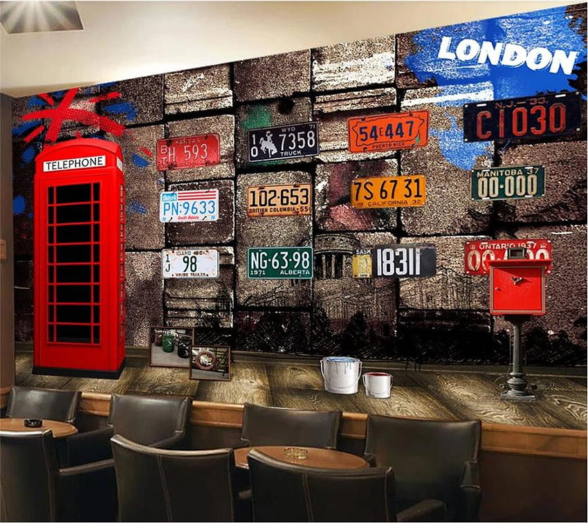 영국 스타일 레트로 향수 빨간 전화 부스 번호판 번호 배경 벽화 바 레스토랑 카페 벽 종이 3D, 항문 HD 월페이퍼