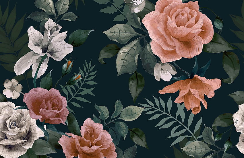 ダーク グリーン & ピンクの花の壁画、美しい花のデザイン 高画質の壁紙