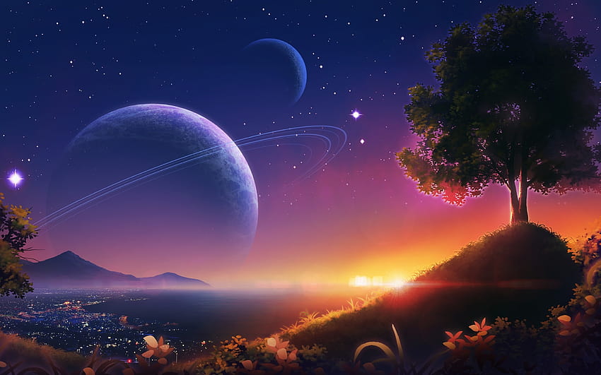 2880x1800 Аниме нощна сцена, планети, небе, звезди, живопис за MacBook Pro 15 инча, лилава сцена аниме HD тапет