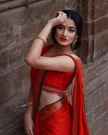 a close up of a woman in a red and black sari, sexy girl, very seductive  pose, attractive girl, indian - SeaArt AI