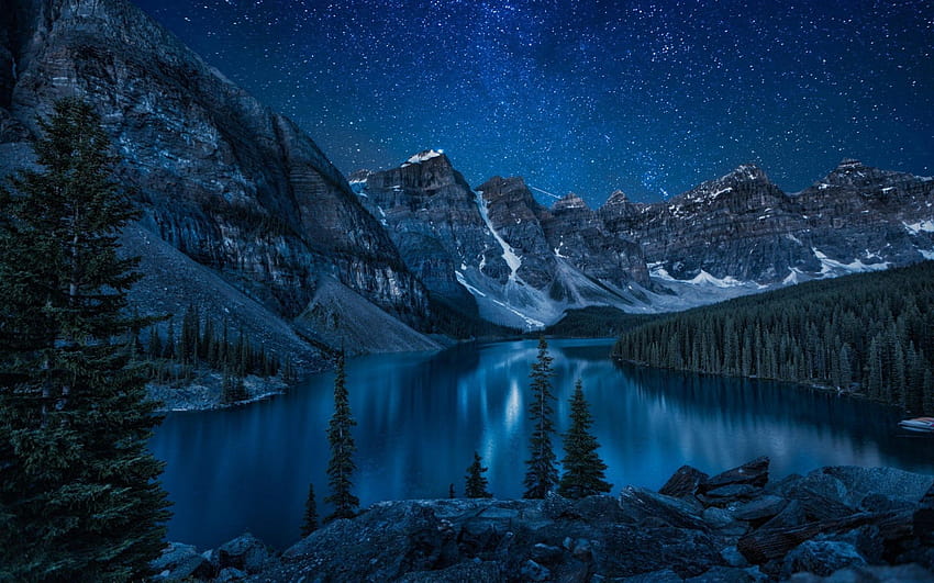 mountains, forest, lake, night, Banff National Park, banff national park alberta HD wallpaper