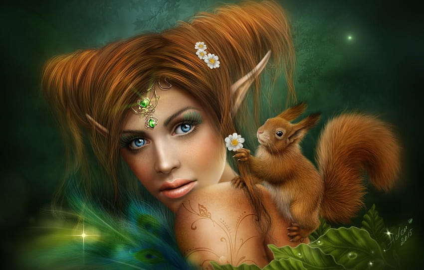 girl, elf, chamomile, fairy, protein, red, fairy and squirrel HD wallpaper