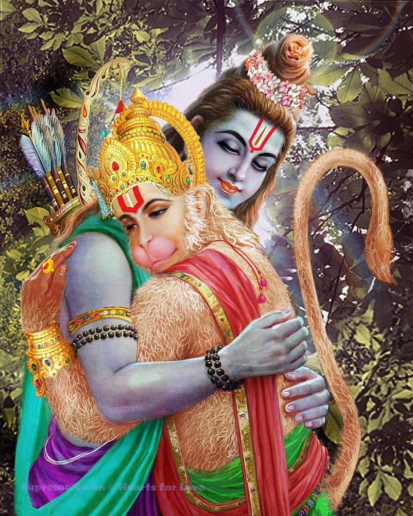 A fine art print of Rama greeting Hanuman, ram and hanuman HD phone wallpaper