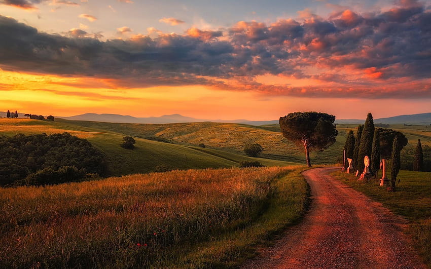 Tuscany, sunset, road, Italy, Europe for, tuscany sunset HD wallpaper