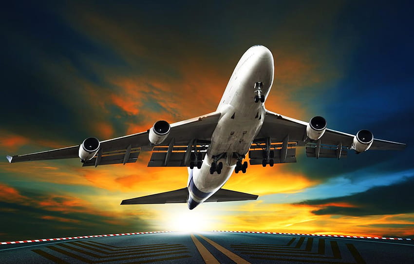 the sky, asphalt, the sun, clouds, the plane, runway, plane taking off HD wallpaper