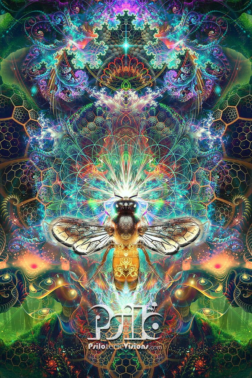 Tapiz de abeja, arte visionario, psicodélico, fractal, flor de la vida, geometría sagrada, arte de pared de hongos, arte fractal de hongos vibrantes, coloridos y coloridos fondo de pantalla del teléfono