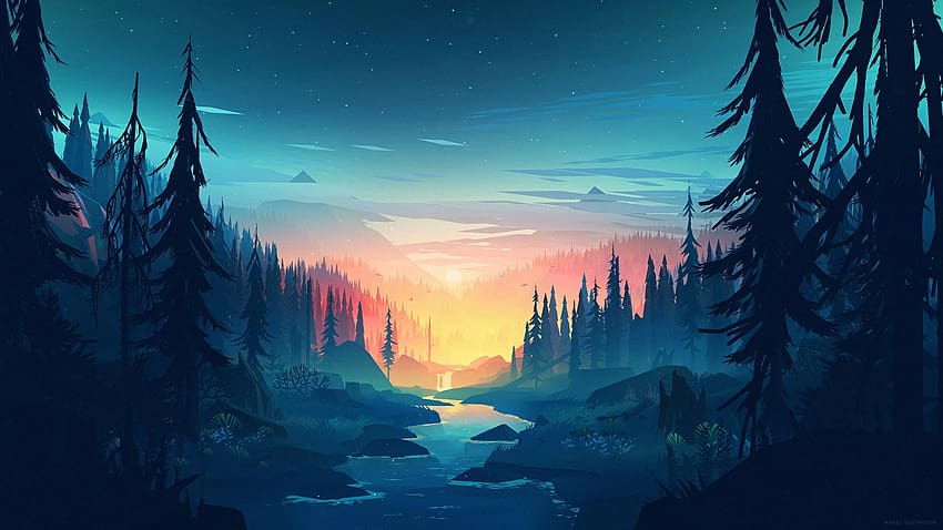 bosque, agua, árboles, puesta de sol, ilustración fondo de pantalla