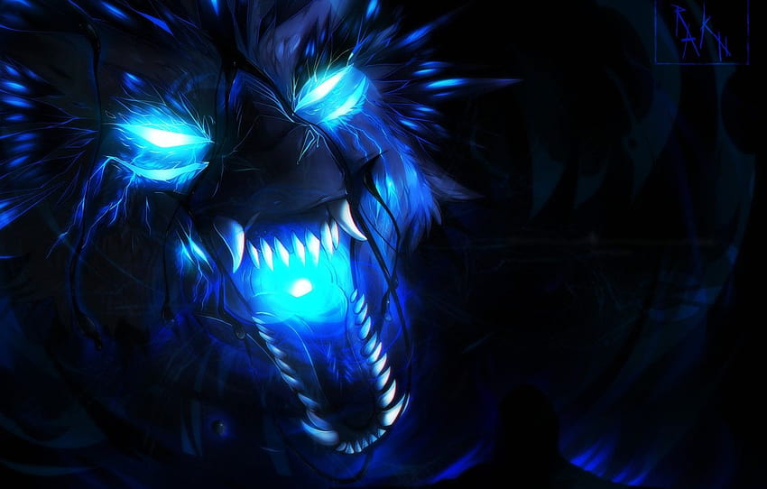 face, wolf, predator, mouth, fangs, evil, horror, blue flame, mater , section фантастика HD wallpaper