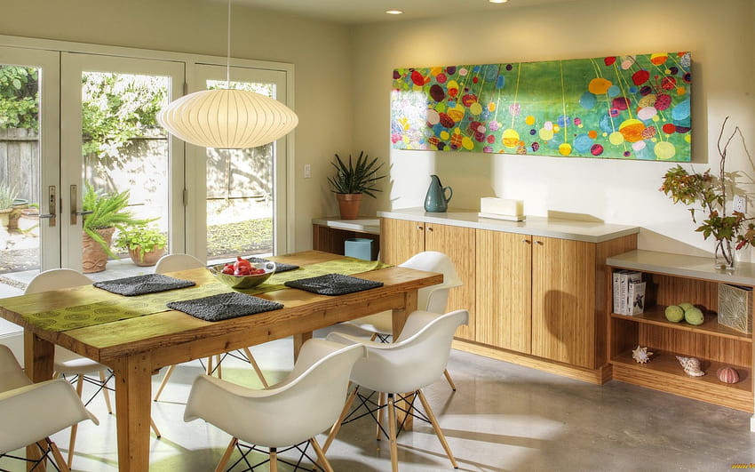 The wooden dining table in bright kitchen and HD wallpaper