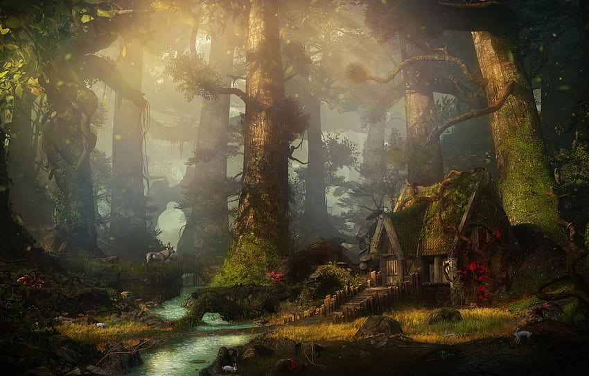 bosque, árboles, casa, corriente, manantial del bosque, sección рендеринг, manantial del bosque fantasía fondo de pantalla