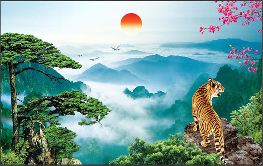 Kustom Untuk Dinding 3d Mural Gaya Cina Lanskap Pedesaan Pohon Matahari Merah Harimau Lanskap Lukisan Dinding Kamar Tidur TV Latar Belakang Kertas Dinding - AliExpress Wallpaper HD
