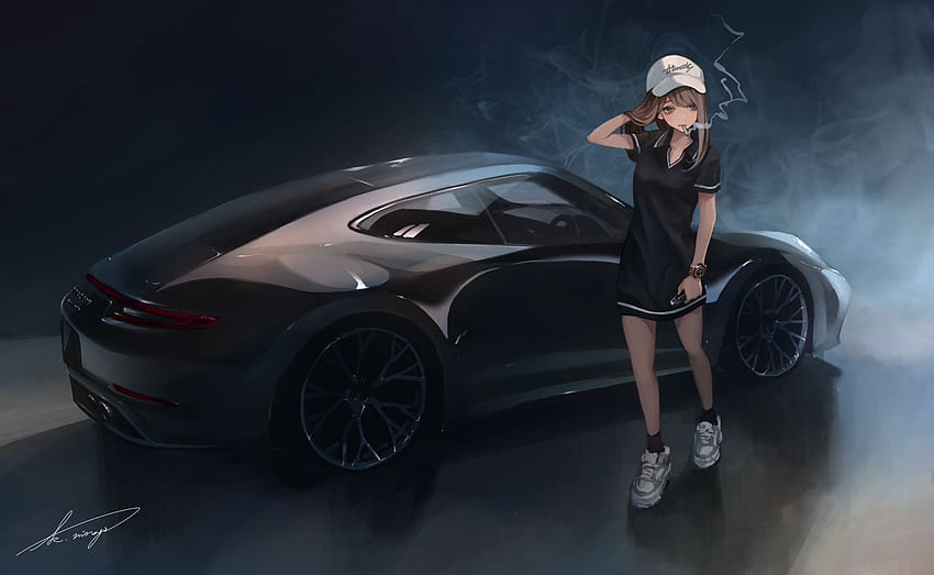 : koh, аниме момичета, Porsche 911 Carrera, черна рокля, кола 2047x1259, кола аниме момиче HD тапет