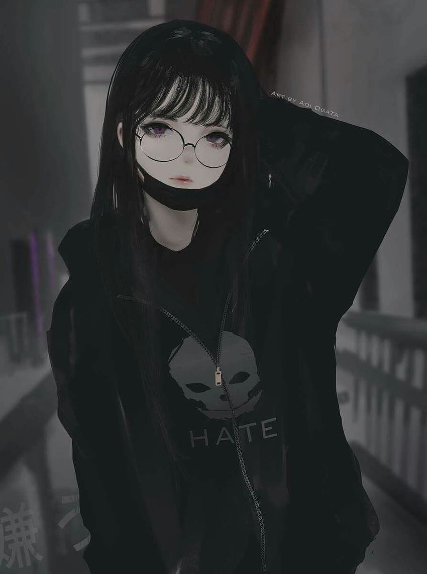 Máscara de anime en blanco y negro, máscara de chica de anime de cabello negro fondo de pantalla del teléfono