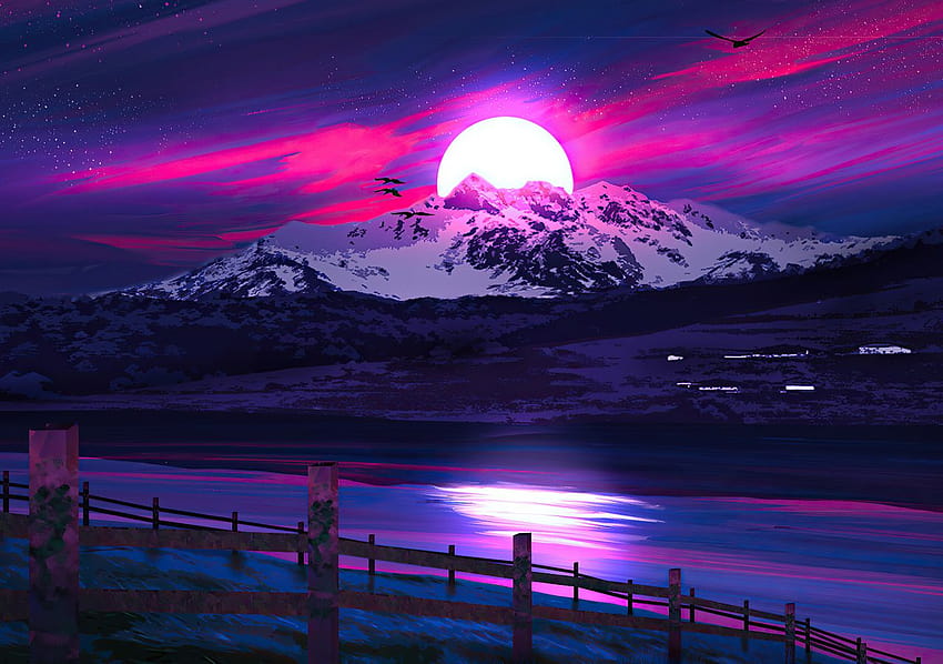 1280x900 lake, woonden fence, mountains, landscape, sunset, neon art, , 1280x900 , background, 25502 HD wallpaper