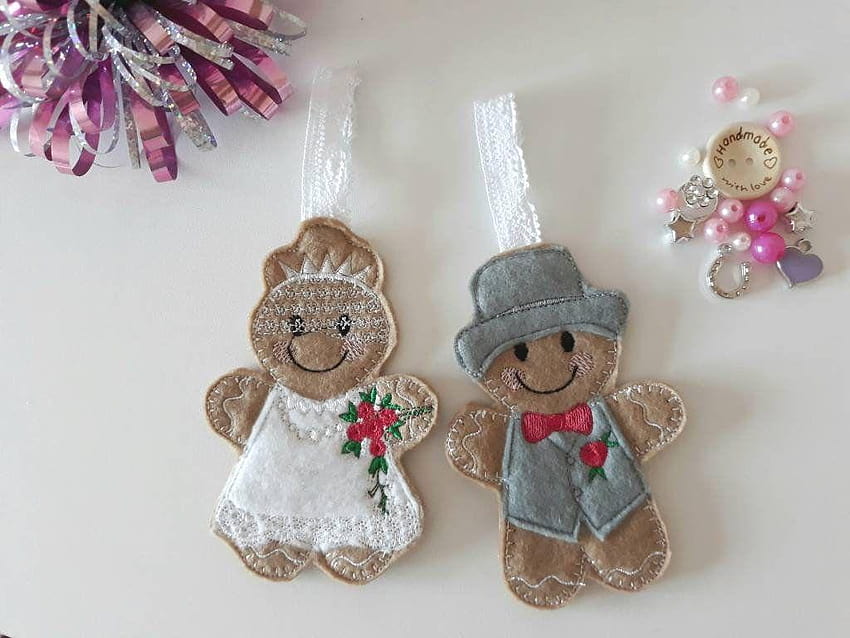 Gingerbread bride and groom Christmas bauble.Mrs and Mrs, gingerbread