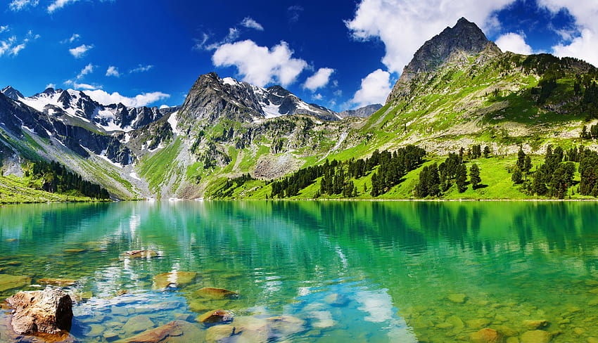 пейзажи, езера, планини, камъни, дървета, гора, зелено, сняг, небе, облаци, синьо, природа, красота, релакс, тихо / и мобилни фонове, тихо езеро HD тапет