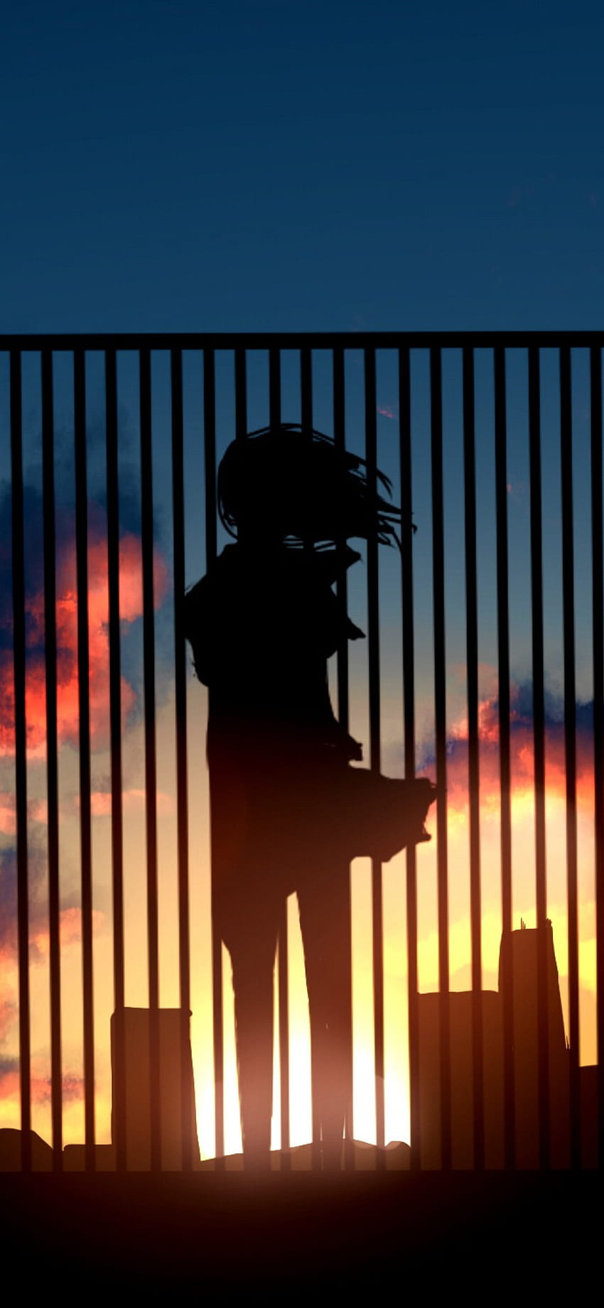 1125 x 2436 Anime-Mädchen beobachtet Sonnenuntergang, Zaun, iPhone XS, iPhone 10, iPhone X, Hintergründe und Anime-Nachmittag HD-Handy-Hintergrundbild