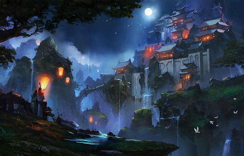 China, Light, Japan, moon, fantasy, game, Nature, Fire, asian fantasy HD wallpaper