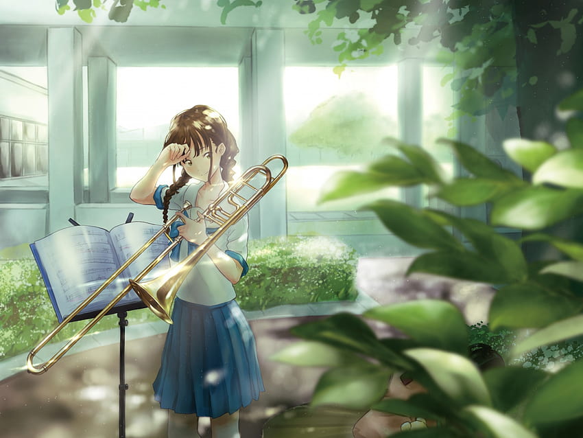 2048x1536 Anime Girl, Trumpet, School, Sunbeam, Tree, Summer for Ainol Novo 9 Spark, summer tree anime HD wallpaper