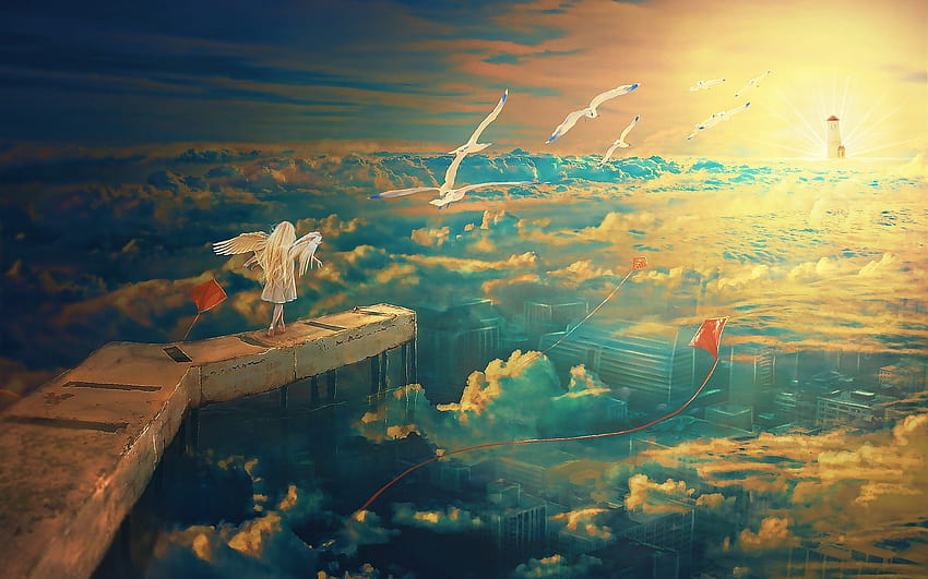 Anime City In The Clouds, anime rooftop city HD wallpaper
