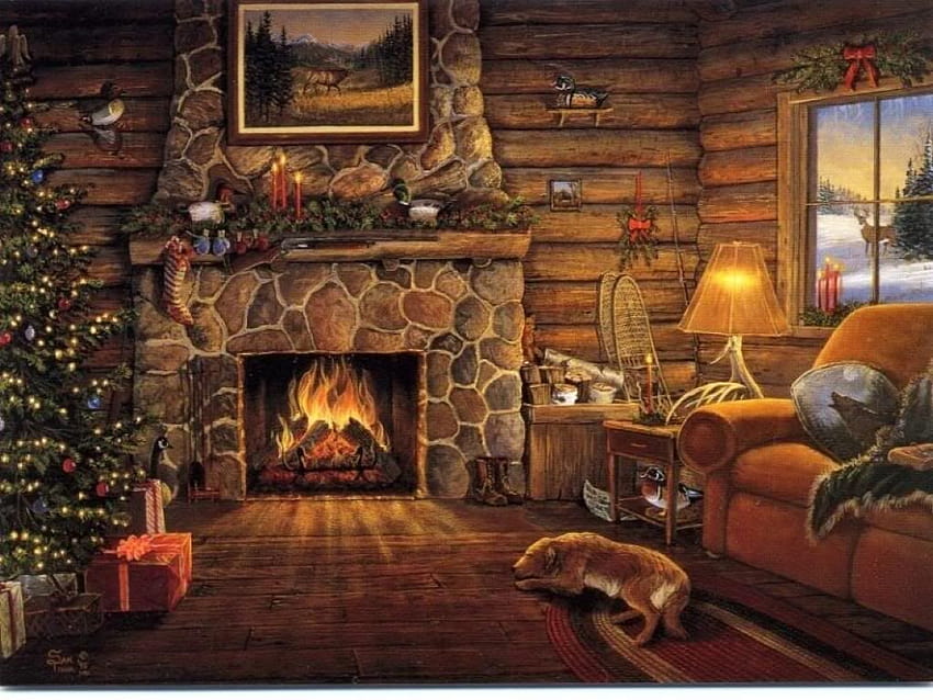 2 Christmas Fireplace Scenes, cozy fireplace HD wallpaper