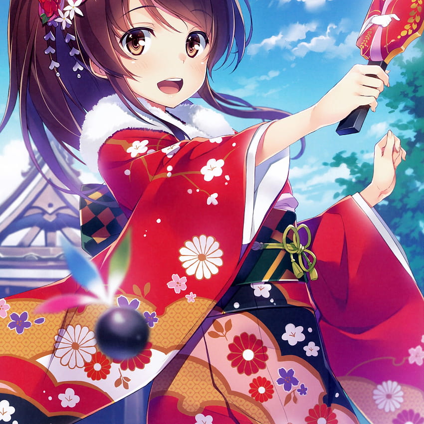 3000x3000 аниме момиче, японски дрехи, усмивка, небе, кафява коса, цветя HD тапет за телефон