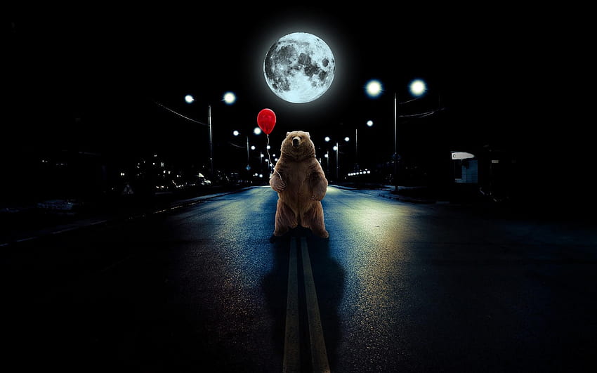 2560x1600 bear, balloon, full moon, road, moon balloon HD wallpaper