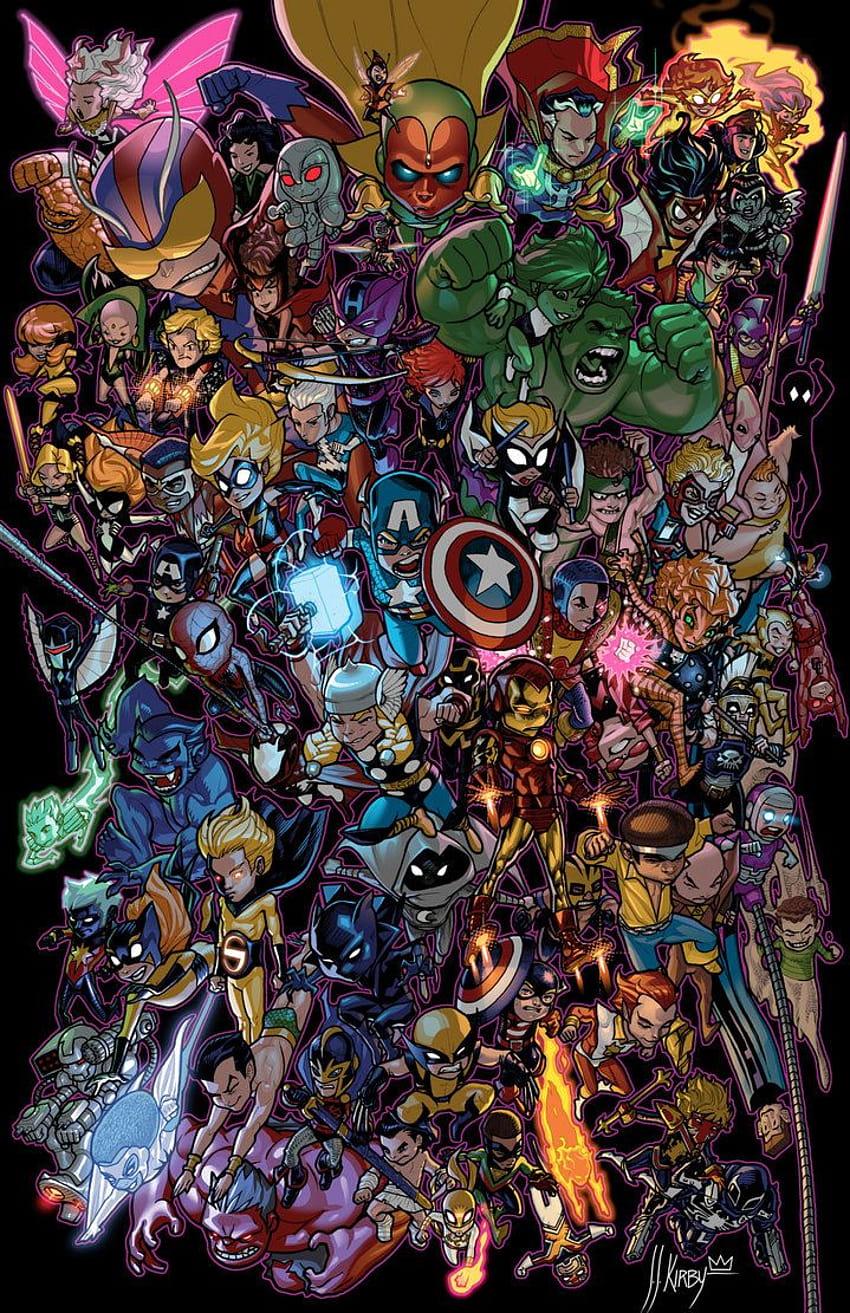 JJKirby의 Li'l Avengers, Marvel 기념일 로고 HD 전화 배경 화면