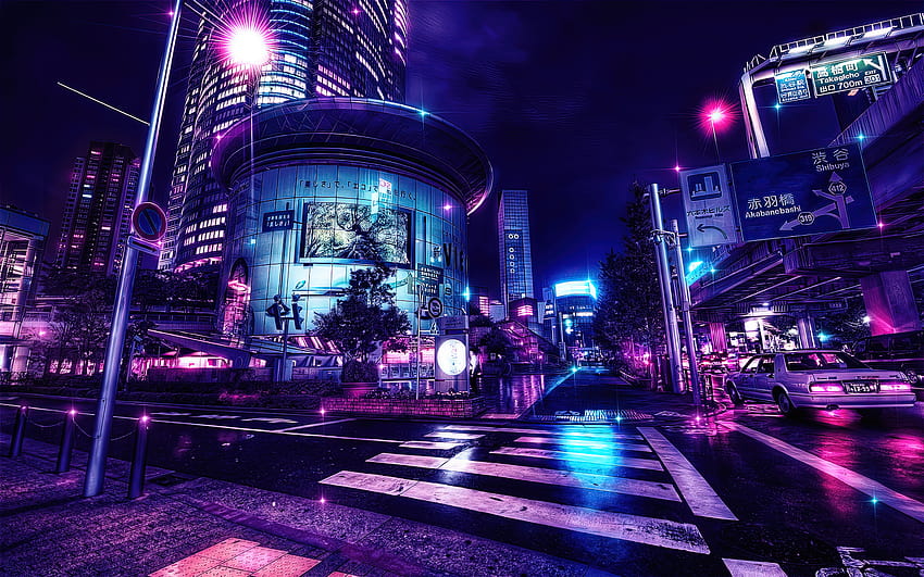 : anime, miasto, Tokio, edycja, chmiel, neo noir, Color Burst, Azja, Japonia, pejzaż miejski, Sztuka cyfrowa, ruch drogowy, ulica, niebo, noc, światła 2880x1800, japoński neon anime Tapeta HD