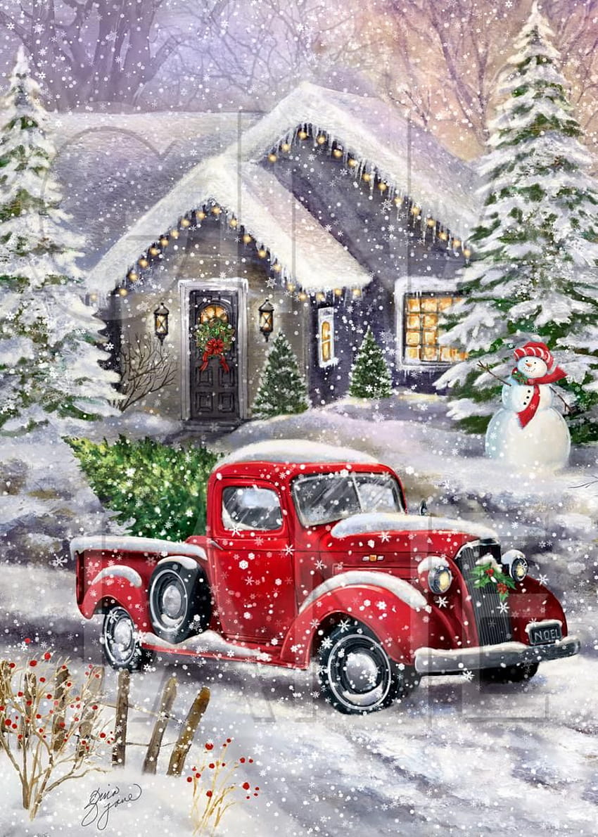 Vintage Christmas Red Truck Tree Decor Wreath Sign Digital, decorazione natalizia per camion rosso Sfondo del telefono HD