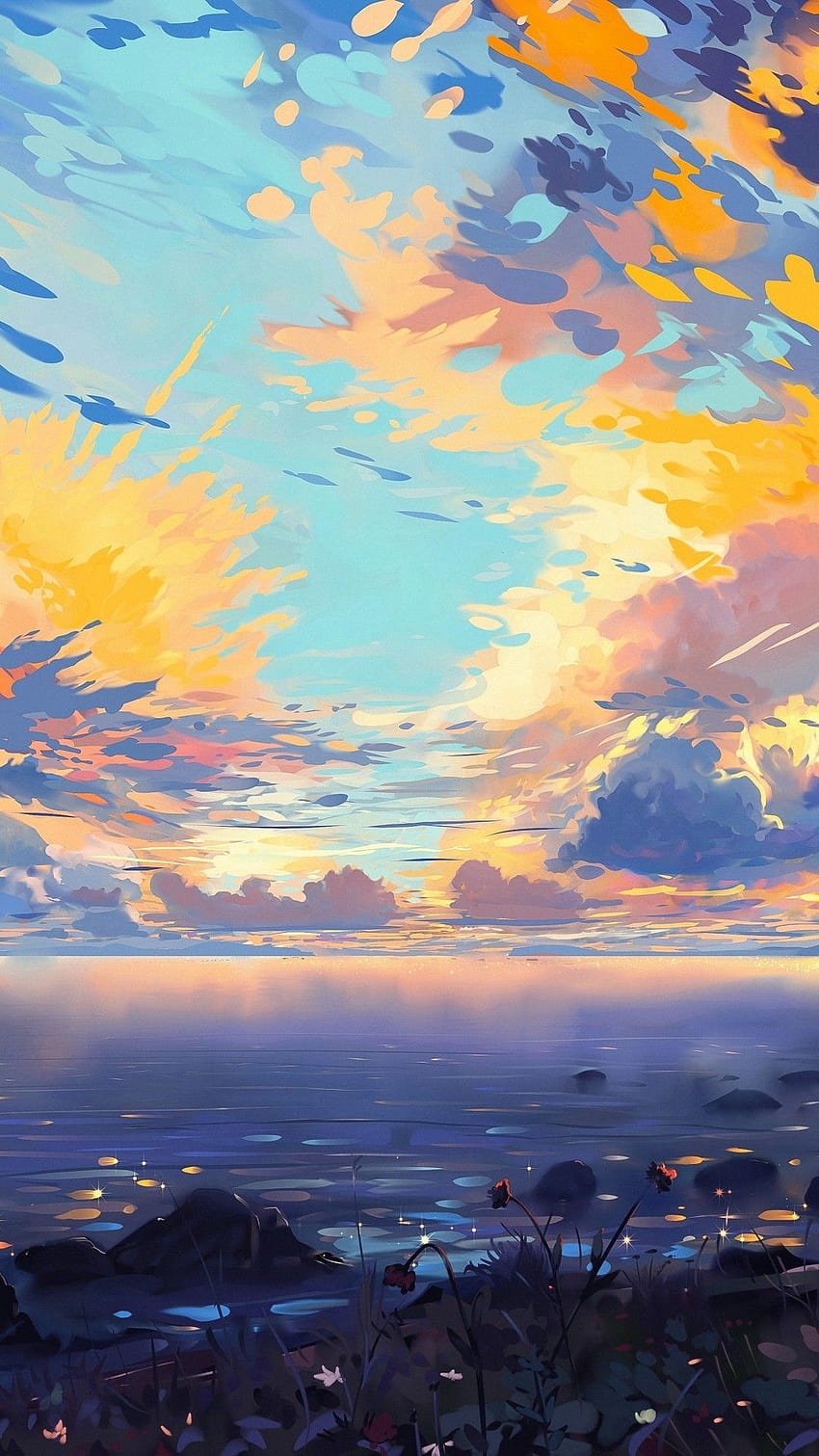 Paysage d'anime, mer, navires, coloré, nuages, scénique, arbre, horizon, paysage d'anime mignon Fond d'écran de téléphone HD