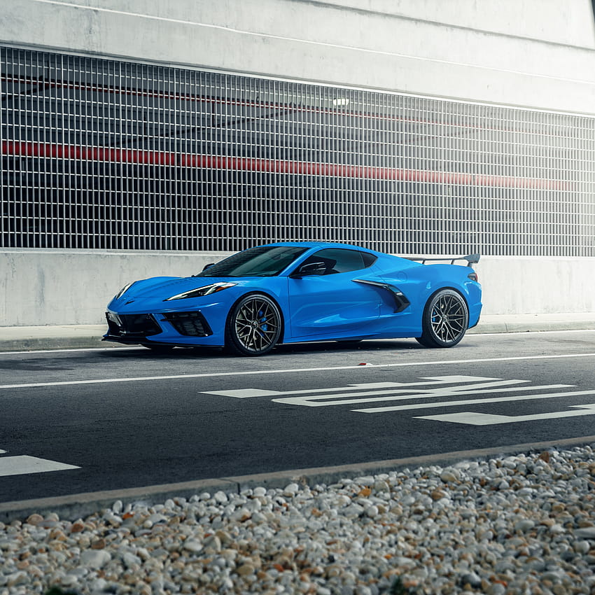 シボレー Corvette C8、青, 舗装道路, 自動車、corvette 2021 blue HD電話の壁紙