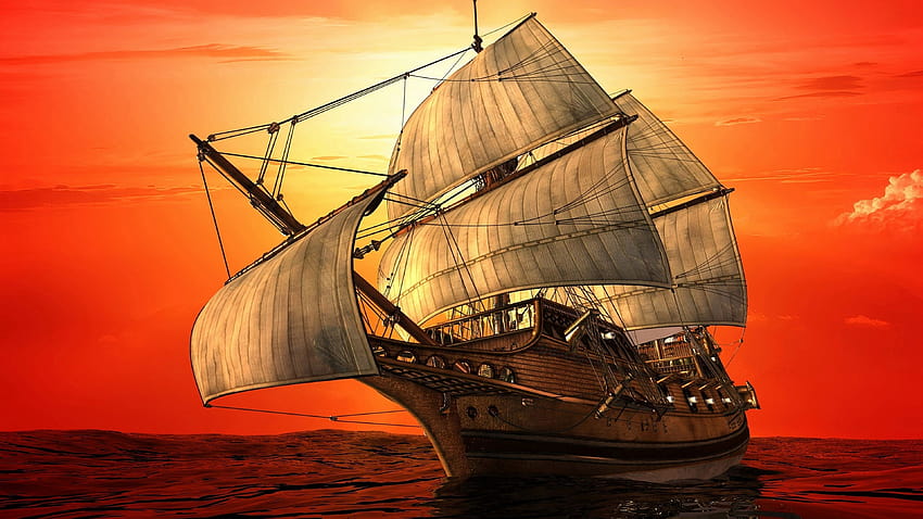 Ship With Sails Sea Sunset Red Sky Ultra Art, ship ultra HD wallpaper