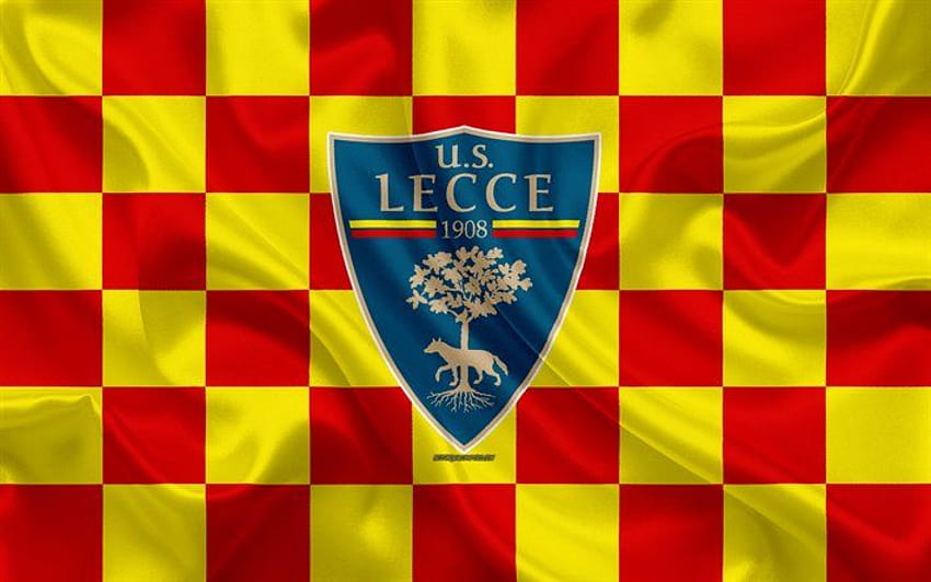 US Lecce, logo, creative art, yellow red checkered flag, Italian football club, Serie B, emblem, silk texture, Lecce, Italy, football, Lecce FC . HD wallpaper