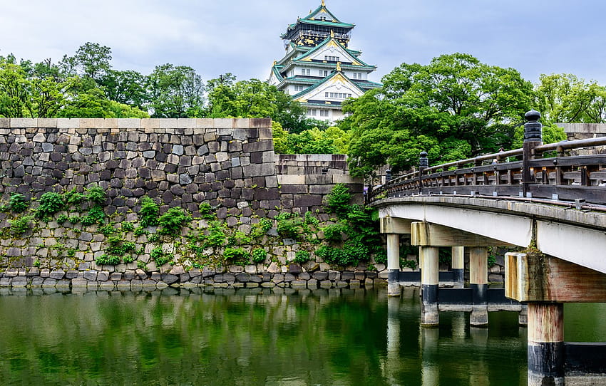 Nature, Bridge, Japan, Castle, Ditch, Osaka , section город HD wallpaper
