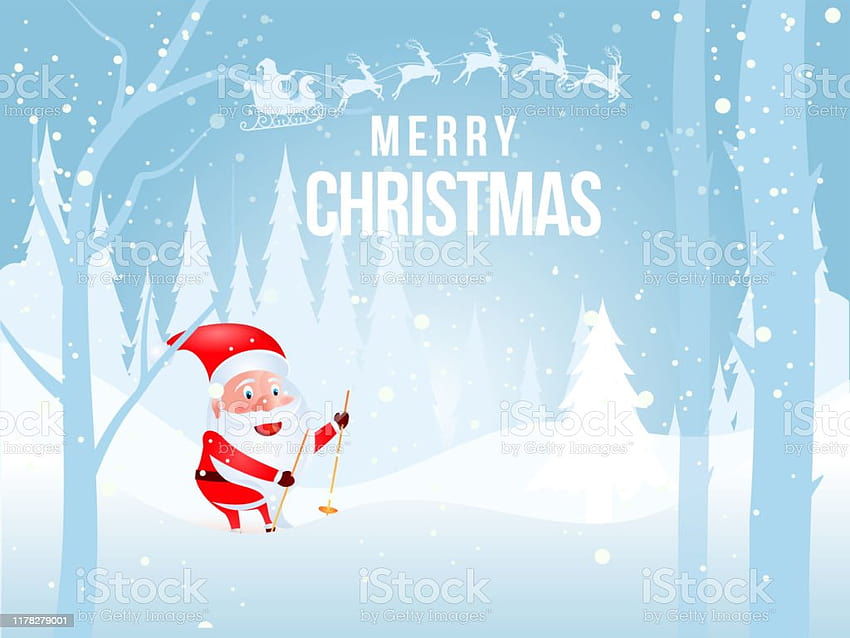 Merry Christmas Poster Atau Desain Kartu Ucapan Dengan Cute Santa Claus Skating On Snowfall Landscape Backgrounds Stock Illustration Wallpaper HD