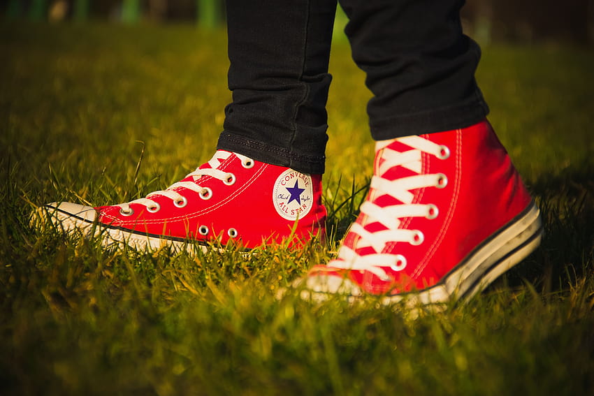 Converse, All Star, лого, червено, обувки, трева, червено, лого на converse all star HD тапет