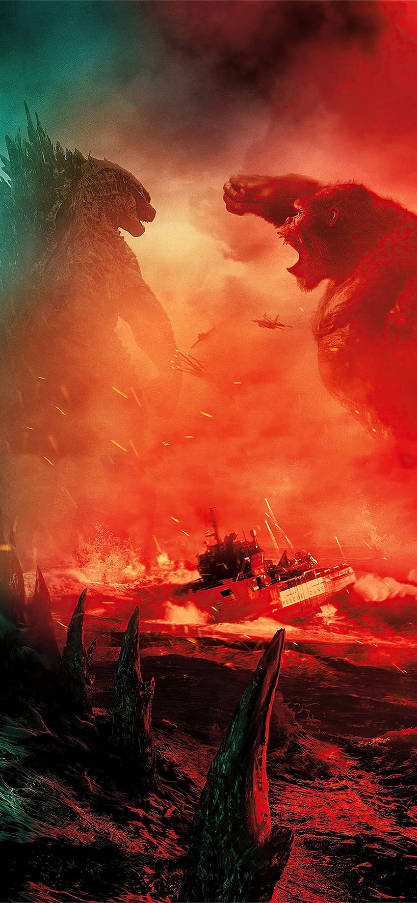 Godzilla vs. Kong-Kampfszene iPhone 12, roter Godzilla HD-Handy-Hintergrundbild