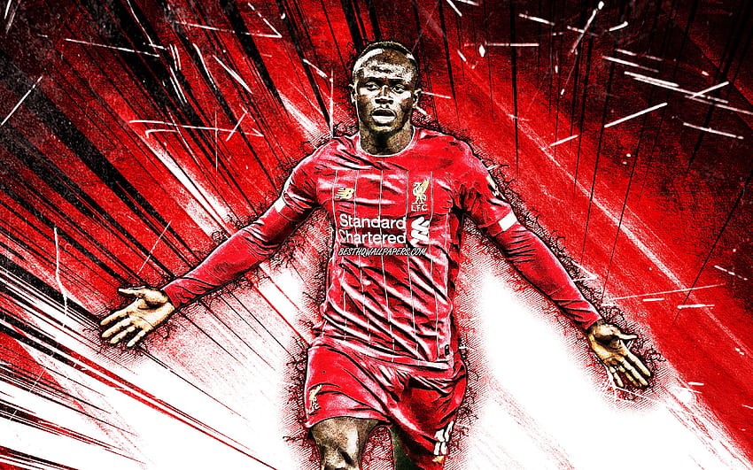 Sadio Mane, grunge art, Liverpool FC, senegalese footballers, goal, red abstract rays, Mane Liverpool, soccer, LFC, Premier League, Sadio Mane , football with resolution 3840x2400. High Quality HD wallpaper