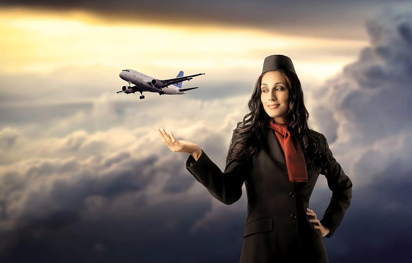 menina, nuvens, voo, o avião, aeromoça, garota no avião papel de parede HD