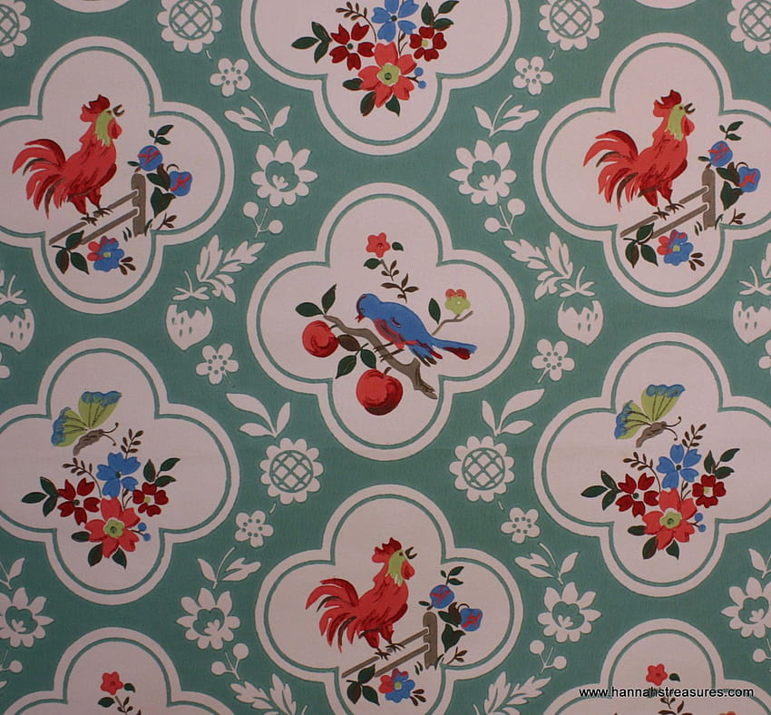 1940's Vintage Red and Aqua with birds cherries roosters, vintage kitchen HD wallpaper