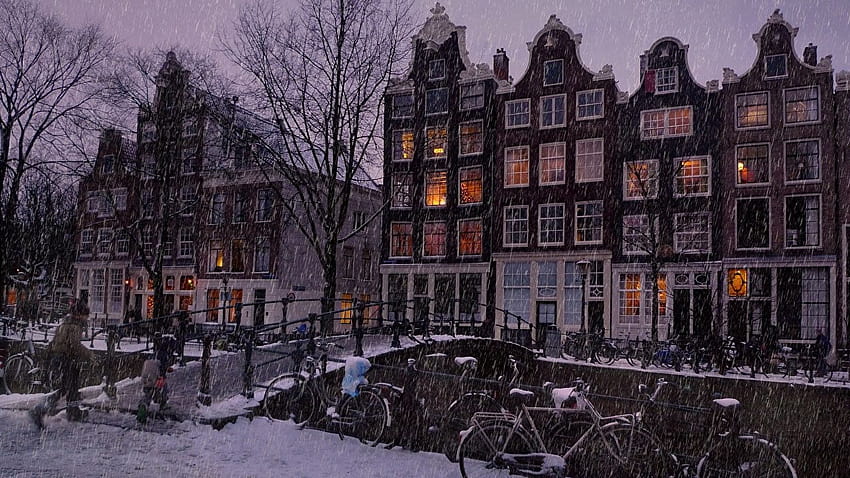 Amsterdam Netherlands bridge Winter Snow Cities, winter in the city computer HD wallpaper