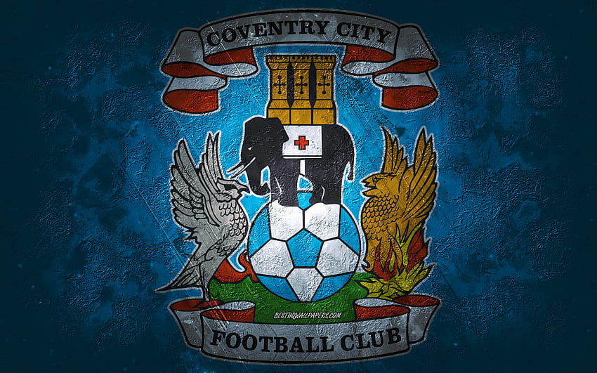 Coventry City FC, tim sepak bola Inggris, latar belakang biru, logo Coventry City FC, seni grunge, Kejuaraan EFL, Coventry, sepak bola, Inggris, lambang Coventry City FC dengan resolusi 2880x1800. Kualitas tinggi Wallpaper HD