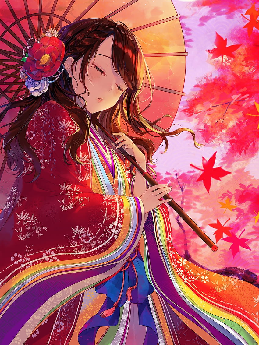 Anime Girl Kimono Maple Trees Autumn, ไอแพดอะนิเมะ วอลล์เปเปอร์โทรศัพท์ HD