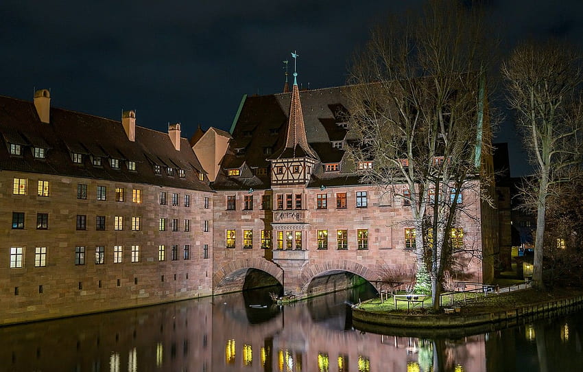 pohon, malam, lampu, sungai, rumah, Jerman, saluran, Nuremberg , bagian город Wallpaper HD