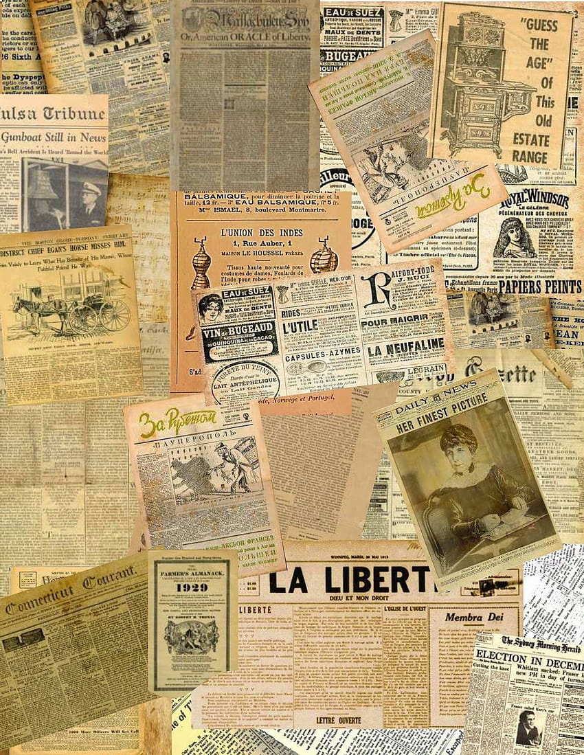 Collage digitale di vecchie pagine di giornale in varie lingue dimensionate per la stampa su carta A4. Inteso come reso… Sfondo del telefono HD