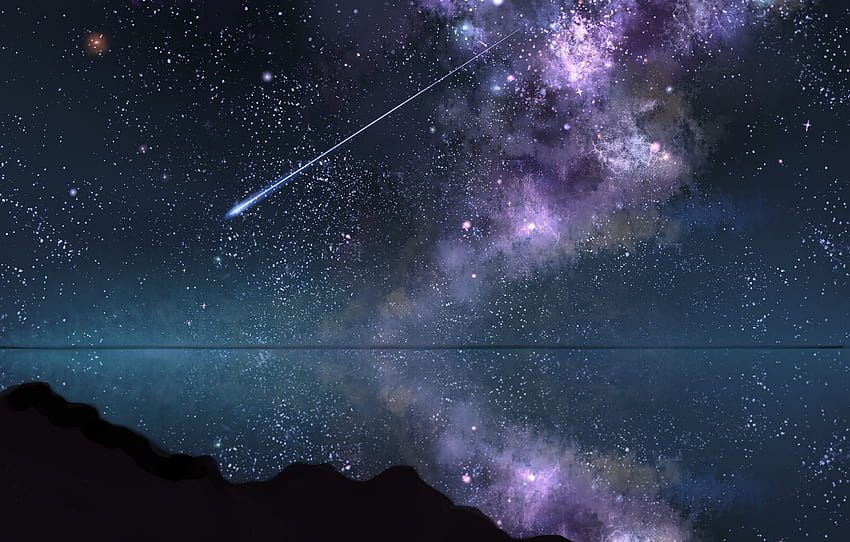 the sky, water, night, shooting star , section арт, shooting star over planet HD wallpaper
